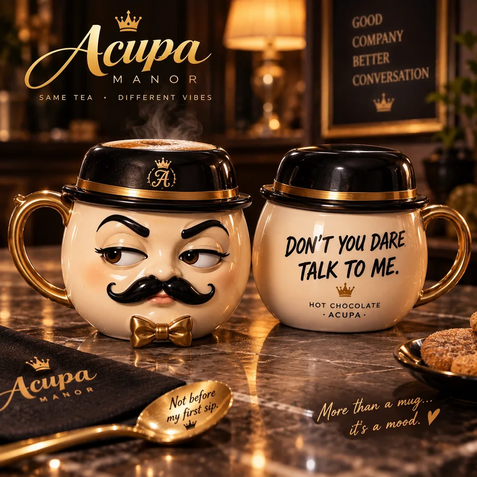 Acupa Manor mugs — Acupa's face on one, “Don't you dare talk to me” on the other